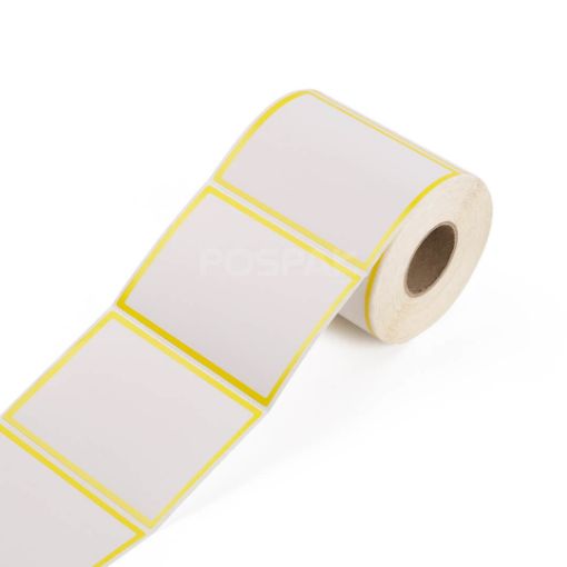 รูปภาพของ ST.TT Size 101.6 x 152.4 mm (4 x 6 inch) Sticker 250 ดวง/ม้วน แกน 1.5 นิ้ว ขอบสีเหลือง สติ๊กเกอร์กระดาษ กึ่งมันกึ่งด้าน (ใช้ร่วมกับ Wax Ribbon หรือ Wax Resin Ribbon)